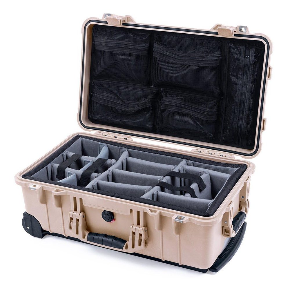Desert Tan Pelican Protector 1510 Carry-on Case - With Grey Padded Dividers & Mesh Lid Organizer.