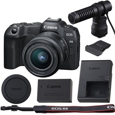 Canon EOS R8 Mirrorless Camera with Canon RF 24-50mm f/4.5-6.3 is STM Lens (Canon RF) and Canon DM-E100 Directional Microphone with Windscreen Kit., Black