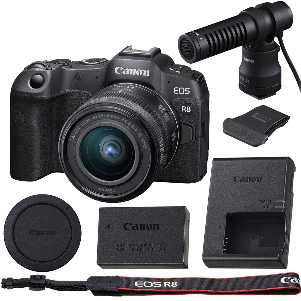 Canon EOS R8 Mirrorless Camera with Canon RF 24-50mm f/4.5-6.3 is STM Lens (Canon RF) and Canon DM-E100 Directional Microphone with Windscreen Kit., Black