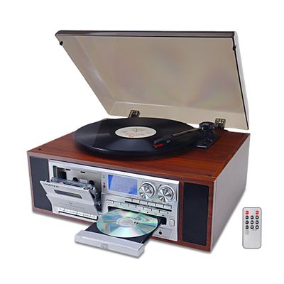 10 in 1 Vinyl Record Player 3 Speed Bluetooth Vintage Automatic Turntable CD Cassette Player AM/FM Radio USB Recorder Aux-in RCA Line-Out (Silver)
