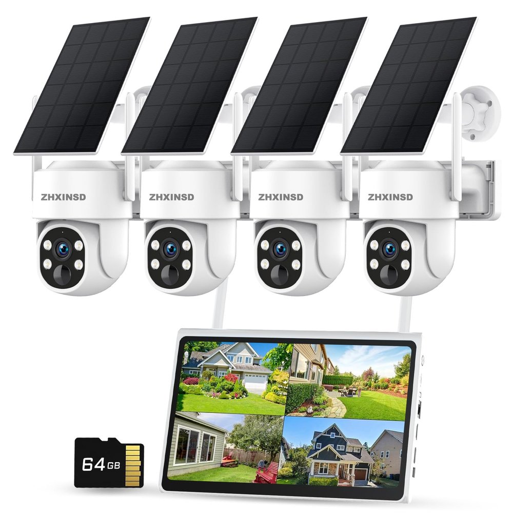 ZHXINSD Solar Security Cameras System, Wireless Outdoor with 10" LCD Monitor, 4PCS 4MP Solar Powered PTZ Camera with Solar Panel for Home Security, 10 CH Expandable, Color Night Vision, 2-Way Audio