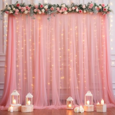 10x10ft Dusty Rose Tulle Backdrop Curtain with Lights String for Parites, Sheer Photo Backdrop Curtains with Lights for Wedding Backdrop Ceremony Reception Bridal Shower Baby Shower Birthday Party