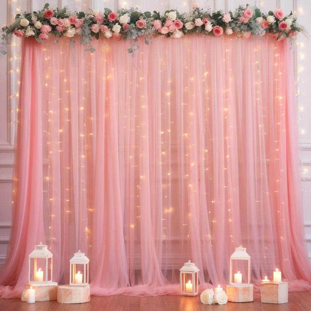 10x10ft Dusty Rose Tulle Backdrop Curtain with Lights String for Parites, Sheer Photo Backdrop Curtains with Lights for Wedding Backdrop Ceremony Reception Bridal Shower Baby Shower Birthday Party
