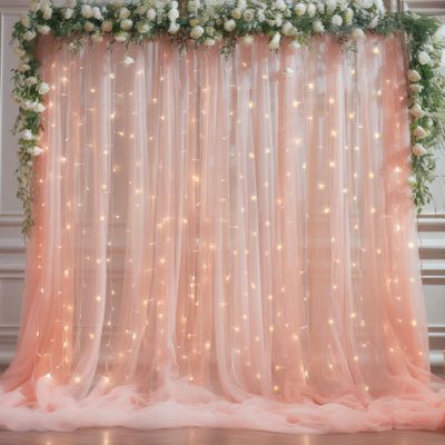 10x10ft Peach Tulle Backdrop Curtain with Lights String for Parites, Sheer Photo Backdrop Curtains with Lights for Wedding Backdrop Ceremony Reception Bridal Shower Baby Shower Birthday Party