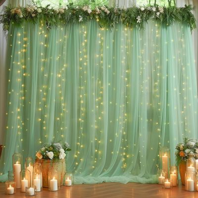 10ft x 10ft Green Backdrop Curtain with Lights String for Parties, Sheer Tulle Wedding Photo Backdrops Drapes for Baby Shower Birthday Party Decorations Background for Photography