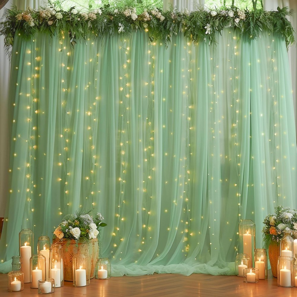 10ft x 10ft Green Backdrop Curtain with Lights String for Parties, Sheer Tulle Wedding Photo Backdrops Drapes for Baby Shower Birthday Party Decorations Background for Photography