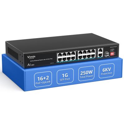 16 Port 10/100Mbps Fast Ethernet PoE Switch+2 Uplink Gigabit Ports+1 SFP, VIMIN 19 Port Unmanaged Switch Gigabit Up to 30W, Total Budget 250W,VLAN, Support IEEE802.3af/at