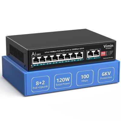 8 Port PoE Switch 100Mbps with 2 Gigabit Uplink, VIMIN 10-Port Unmanaged 10/100Mbps Fast Ethernet PoE Switch with 2 Ethernet Uplink, VLAN, Support IEEE802.3af/at