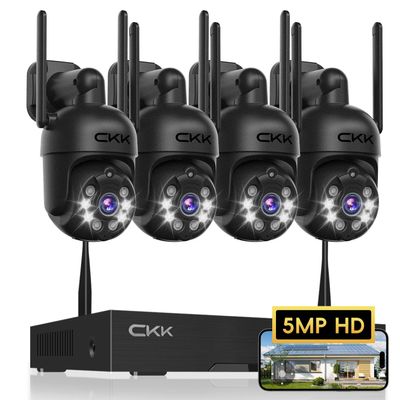 [360 View] 3K Wireless Security System, 4pcs 5MP PTZ Cameras Outdoor Indoor, WiFi Camera Outside CCTV Surveillance NVR C102 System with Floodlight Color Night Vision Motion Sensor Alarm,24/7 Record