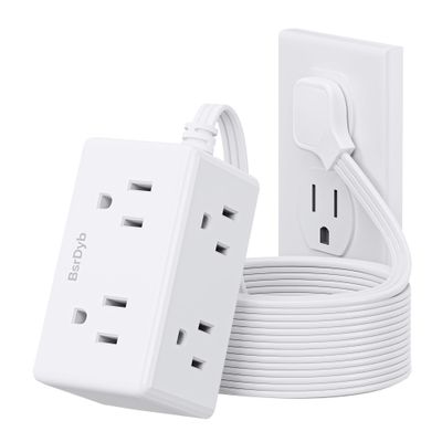 10Ft Flat Plug Small Power Strip,3-Side White Extension Cord with 6 Wide Outlets Extender,No Surge Protector,Cruise Ship Essentials,Multi Plug for College Dorm Home Office Travel,Wall Mount,ETL Listed