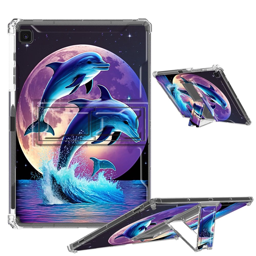 Clear Case for Samsung Galaxy Tab S6 Lite 10.4 inch 2024/2022/2020 with Foldable Kickstand & Pencil Holder, Shockproof Rugged Cover for Galaxy Tab S6 Lite Tablet, Dolphins Jumping