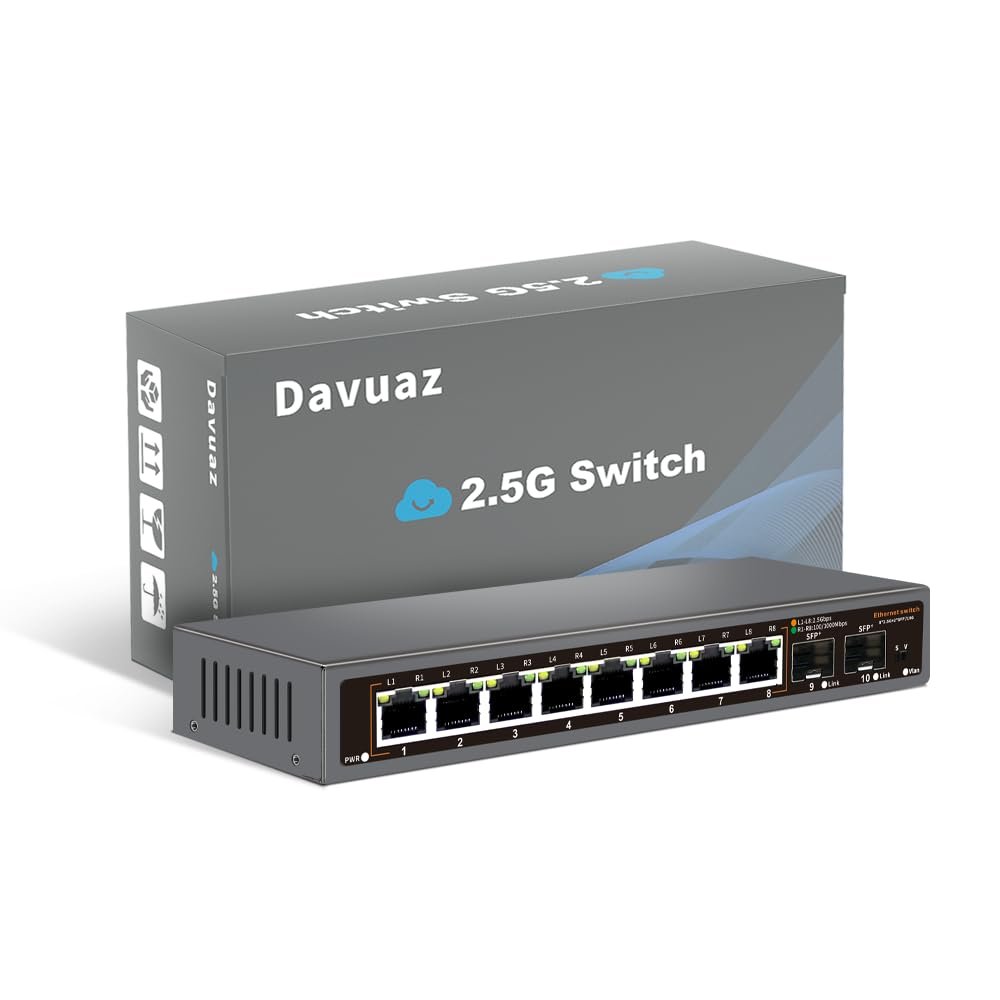 Davuaz 2.5G Unmanaged Ethernet Switch with 8 x 2.5G Base-T Ports and 2 x 10G SFP Uplink Port, Compatible with 100/1000/2500Mbps, Fanlesss Design, Plug & Play, Metal 2.5Gb Network Switch