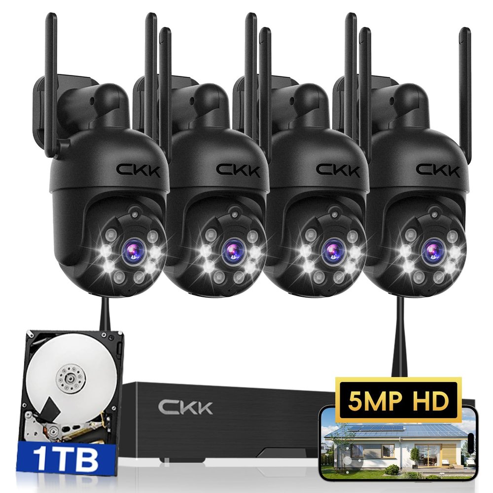 [3K, 360 View] 5MP Wireless Security Camera System, 4pcs 3K PTZ Cameras Outdoor Indoor, C102 Dual WiFi Surveillance System NVR with 4LED Floodlights & Siren Alarm, 2 Way Audio,Motion Sensor,1TB HDD
