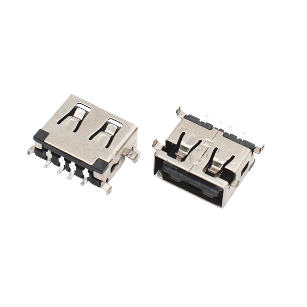 100PCS USB Connector Type A Female AF10.0 4pin Sinking Plate SMD USB-A Female SMT Black