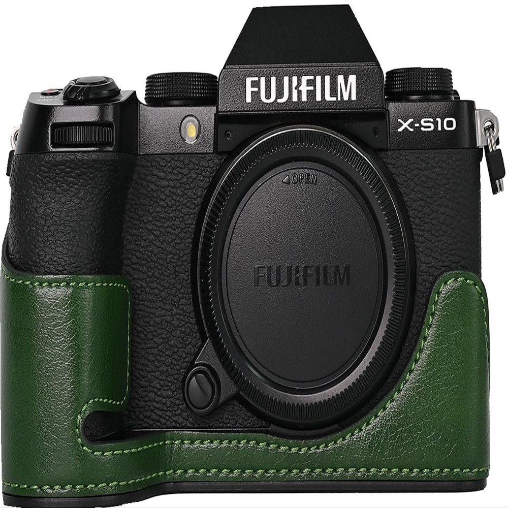 BMAOLLONGB X-S10 Case, Handmade PU Leather Half Camera Case Bag Cover Bottom Opening Version for Fujifilm X-S10 With Neck Strap Mini Storage Bag (Green)