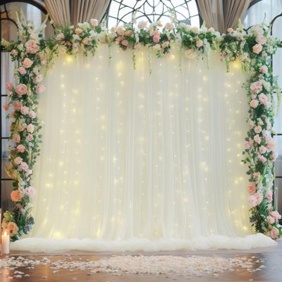 108ft Ivory Tulle Curtain Backdrop with Lights String for Parites, Sheer Backdrop Curtain Drapes for Wedding Photo Baby Shower Photography Birthday Party