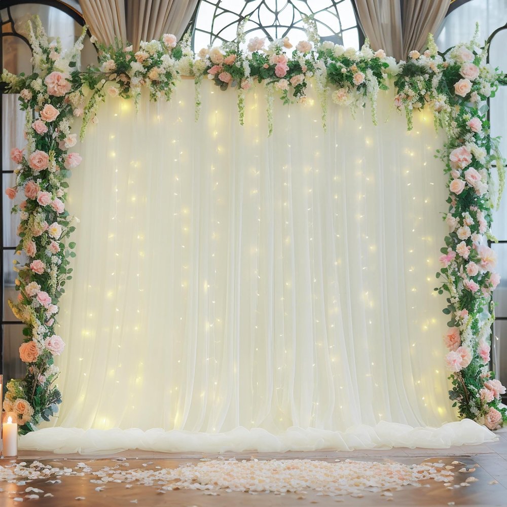 108ft Ivory Tulle Curtain Backdrop with Lights String for Parites, Sheer Backdrop Curtain Drapes for Wedding Photo Baby Shower Photography Birthday Party