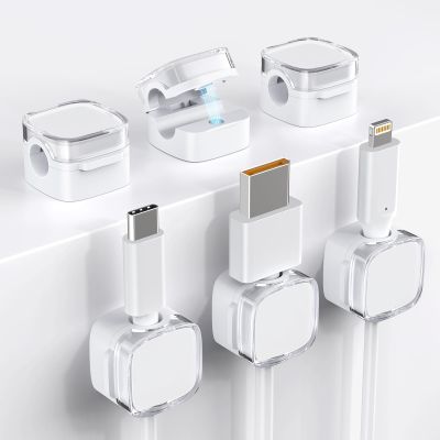 TIKIWIK Cord Holder, 6 Pack Magnetic Cable Clips, Strong Adhesive Cord Holder for Nightstand Desk Organizer Kitchen Appliances Car Wall Office Phone Wire Keeper, Clear White