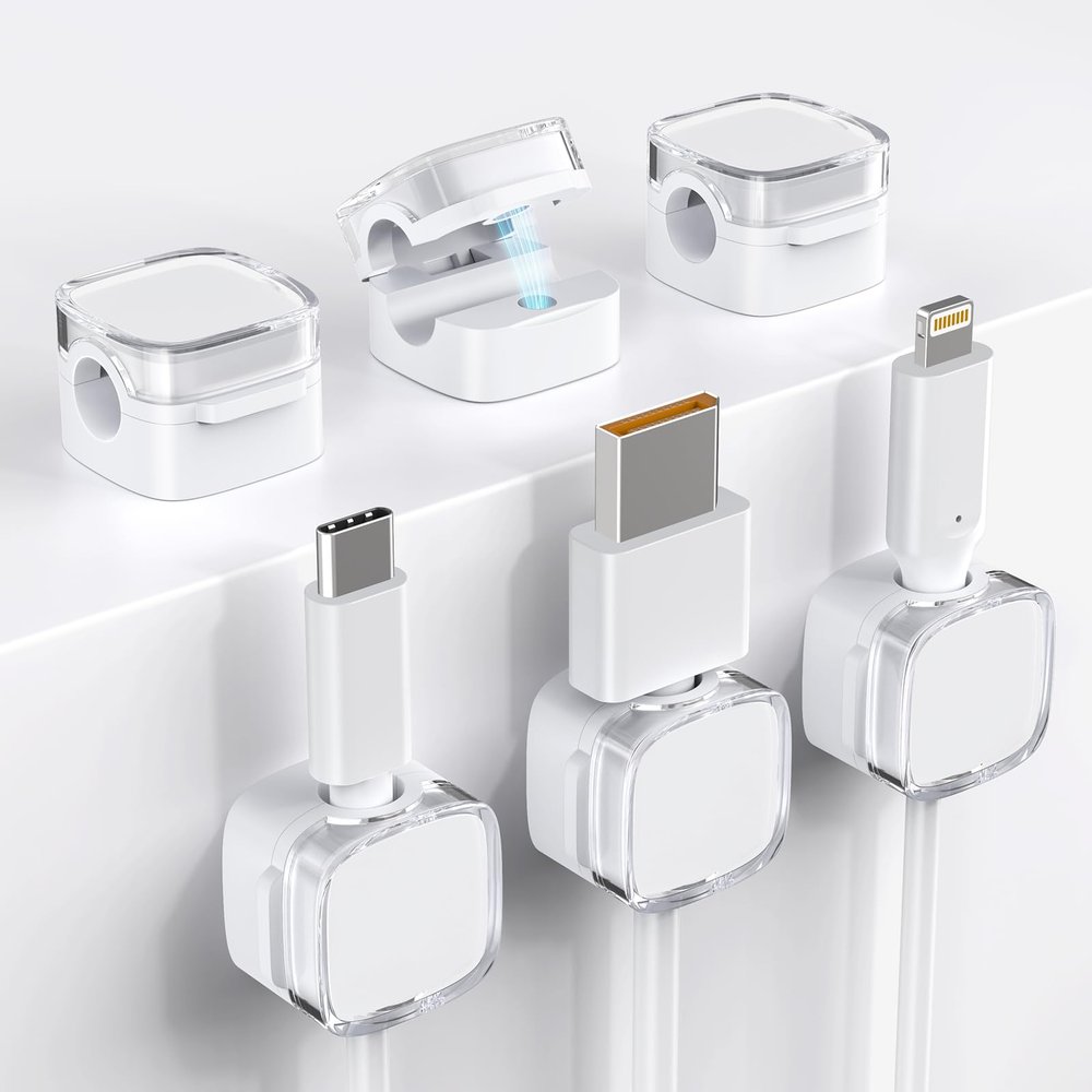 TIKIWIK Cord Holder, 6 Pack Magnetic Cable Clips, Strong Adhesive Cord Holder for Nightstand Desk Organizer Kitchen Appliances Car Wall Office Phone Wire Keeper, Clear White