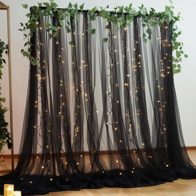 108ft Black Tulle Curtain Backdrop with Lights String for Parites, Sheer Backdrop Curtain Drapes for Wedding Photo Baby Shower Photography Birthday Party