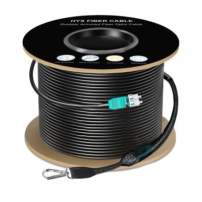656FT/200M OM3 LC to LC Outdoor Armored Fiber Patch Cable, Direct Burial Industrial TPU Duplex Multimode Fiber Optic Cable, 40Gb/10Gb, 50/125 um, Uniboot LC-LC Connector with Pulling Eye Kit, OD 5mm