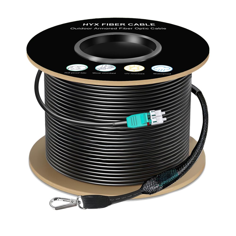 656FT/200M OM3 LC to LC Outdoor Armored Fiber Patch Cable, Direct Burial Industrial TPU Duplex Multimode Fiber Optic Cable, 40Gb/10Gb, 50/125 um, Uniboot LC-LC Connector with Pulling Eye Kit, OD 5mm