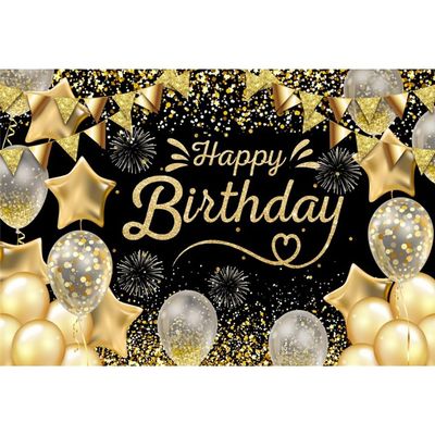 Laeacco Black Gold Happy Birthday Backdrop10x7FT Birthday Photography Background Golden Glitter Spots Fireworks Balloons Adults Men Women Birthday Party Decorations Banner Photo Booth Props