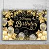 Laeacco Black Gold Happy Birthday Backdrop10x7FT Birthday Photography Background Golden Glitter Spots Fireworks Balloons Adults Men Women Birthday Party Decorations Banner Photo Booth Props view 2