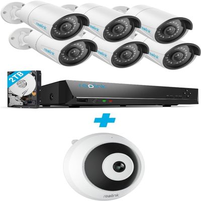 Reolink 5MP PoE Security Camera System Bundle, 6PCS 5MP IP Cameras, a 8CH NVR with Pre-Installed 2TB HDD, RLK8-410B6-5MP Bundle with 6MP PoE IP Fisheye Camera