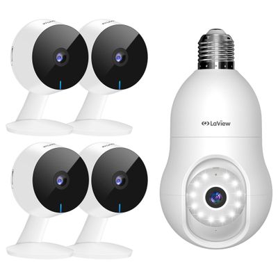 1080P Security Cameras 4pcs+4MP Bulb Security Camera 2.4GHz,360 2K Security Cameras, Home Security Camera Indoor, Wi-Fi Cameras Wired for Pet, Motion Detection, Two-Way Audio, Night Vision, Phone App