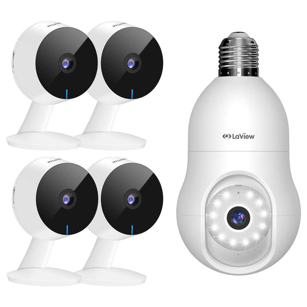 1080P Security Cameras 4pcs+4MP Bulb Security Camera 2.4GHz,360 2K Security Cameras, Home Security Camera Indoor, Wi-Fi Cameras Wired for Pet, Motion Detection, Two-Way Audio, Night Vision, Phone App