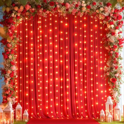 10x10ft Red Backdrop Curtains with Lights Wrinkle Free Fabric Backdrop Curtain for Wedding Birthday Party Baby Shower Photo Shoot Bridal Shower Home Party Background Decorations