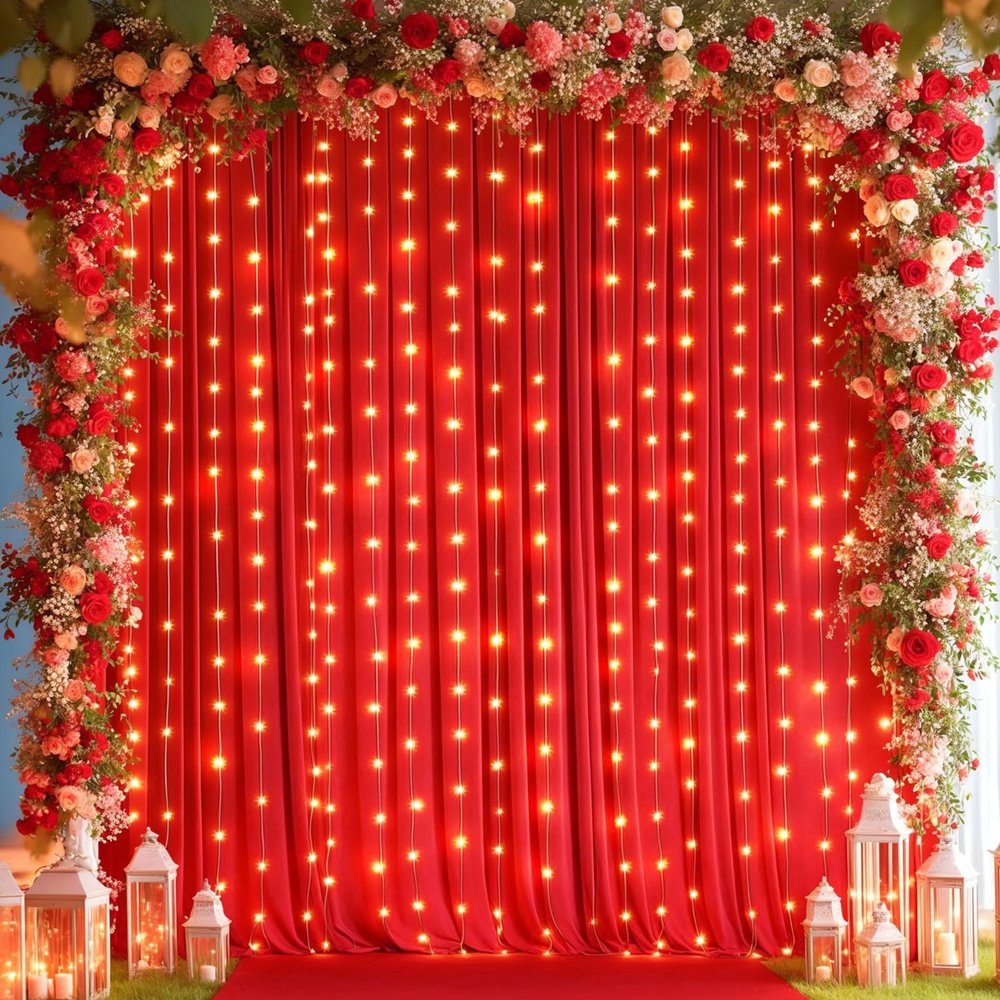 10x10ft Red Backdrop Curtains with Lights Wrinkle Free Fabric Backdrop Curtain for Wedding Birthday Party Baby Shower Photo Shoot Bridal Shower Home Party Background Decorations