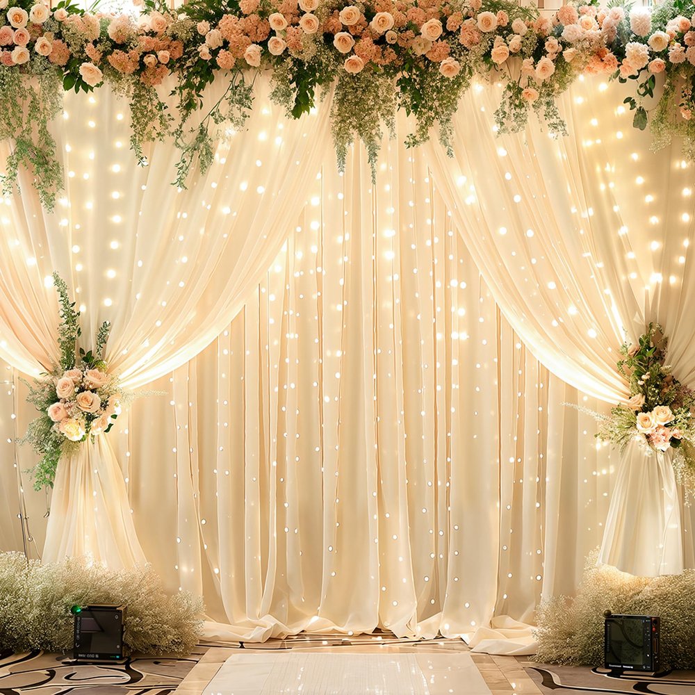 10x10ft Champagne Backdrop Curtains with Lights Wrinkle Free Fabric Backdrop Curtain for Wedding Birthday Party Baby Shower Photo Shoot Bridal Shower Home Party Background Decorations
