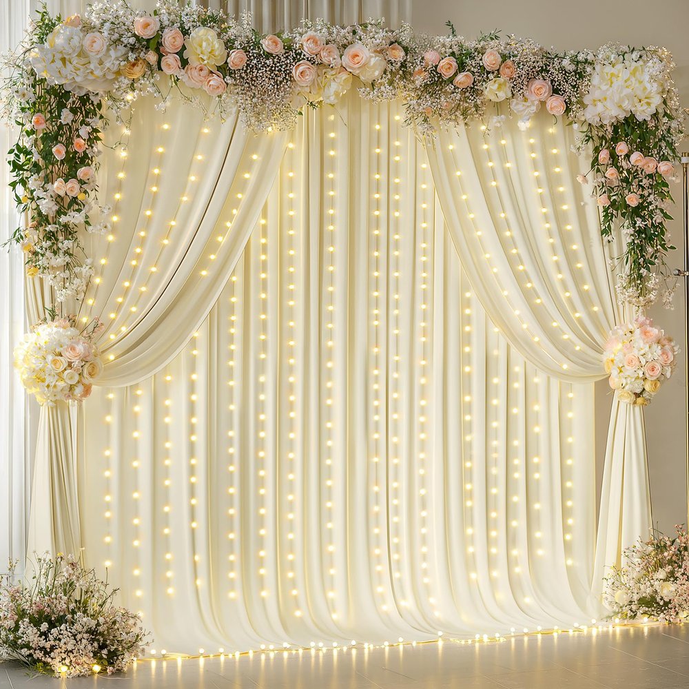 10x10ft Beige Backdrop Curtains with Lights Wrinkle Free Fabric Backdrop Curtain for Wedding Birthday Party Baby Shower Photo Shoot Bridal Shower Home Party Background Decorations