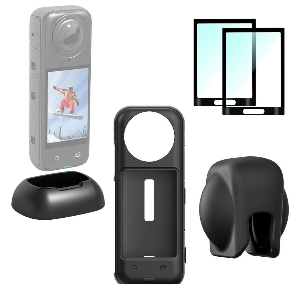 Action Camera Accessories Kit Compatible for Insta360 X4 Silicone Protective Cover Case,Lens Guard Cap,Tempered Glass Screen Protector Film,Desktop Stand Base Mount