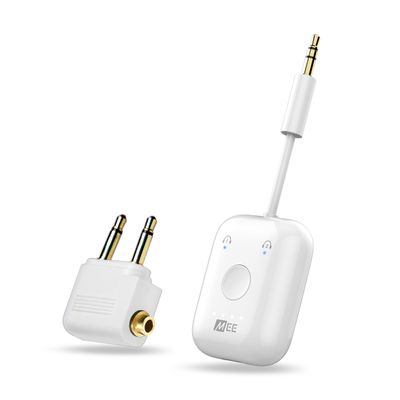 MEE Audio Connect Air in-Flight Bluetooth Wireless Audio Transmitter, with Extra Dual 3.5mm Jack AUX Adapter, for up to 2 AirPods/Other Headphones; Works with All 3.5mm Aux Jacks, White