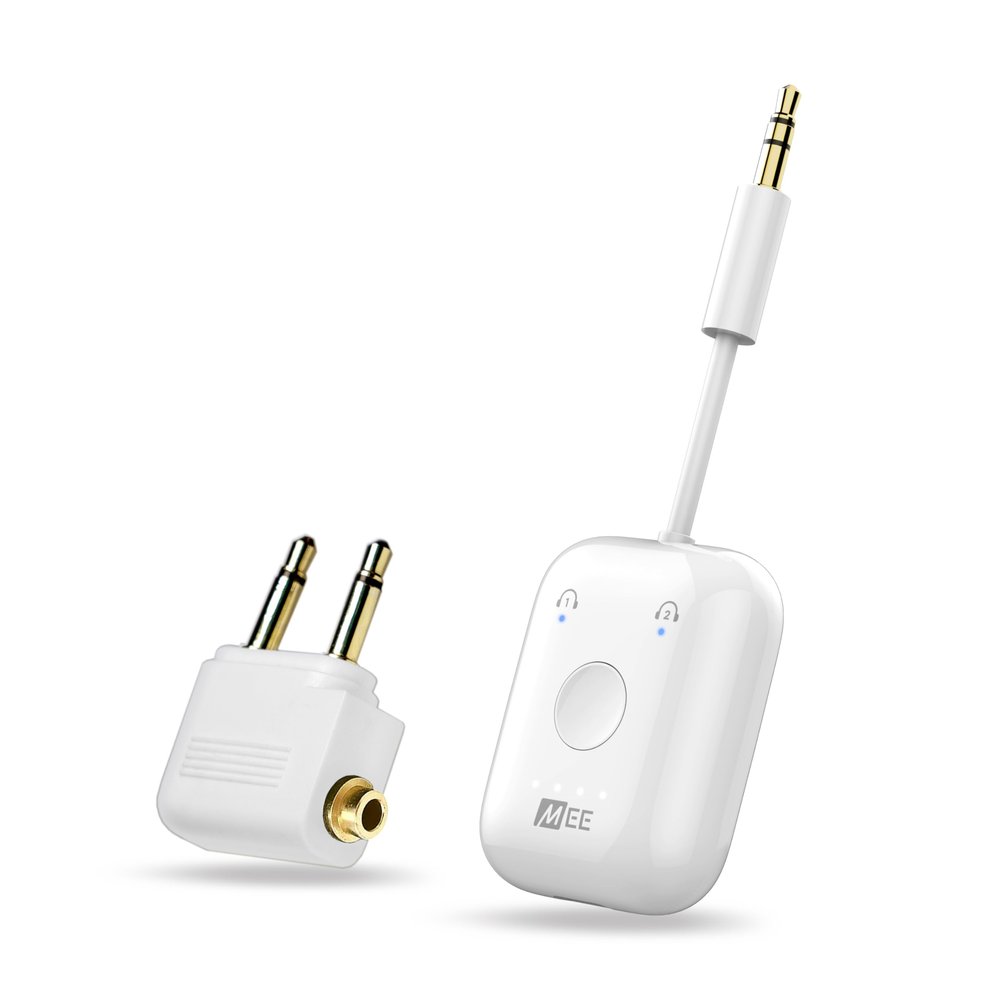 MEE Audio Connect Air in-Flight Bluetooth Wireless Audio Transmitter, with Extra Dual 3.5mm Jack AUX Adapter, for up to 2 AirPods/Other Headphones; Works with All 3.5mm Aux Jacks, White