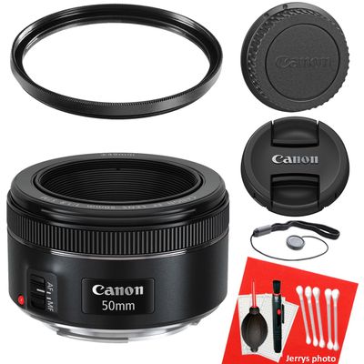 Canon EF 50mm f/1.8 STM Lens for Canon EF-Mount APS-C DSLRs + UV Filter + Dust Blower + Sensor Brush Pen + Cap Keeper (8pc Bundle), Black (Renewed)