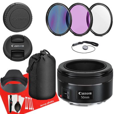 Canon EF 50mm f/1.8 STM Lens for Canon EF-Mount APS-C DSLRs + Lens Case + 3 PC Filters + Hood + Dust Blower + Sensor Brush Pen + Cap Keeper + More (12pc Bundle) (Renewed)