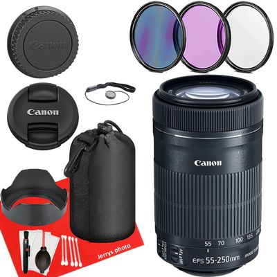 Canon EF-S 55-250mm f/4-5.6 is STM Lens for Canon EF-S-Mount APS-C DSLRs + Lens Case + 3 PC Filters + Hood + Dust Blower + Sensor Brush Pen + Cap Keeper + More (12pc Bundle), Black (Renewed)