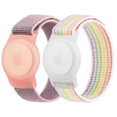 Kids Wristband Protective Case Compatible with Apple AirTag, Adjustable Nylon Bracelet for Air Tag GPS Tracker Holder with Anti Lost Watchband for Toddler Child Kids (Pink+White Rainbow)