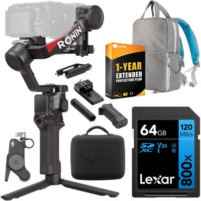 DJI RS 4 Combo, 3-Axis Gimbal Stabilizer for DSLR and Mirrorless Cameras Canon/Sony/Panasonic/Nikon/Fujifilm Bundle with 64GB Memory Card, Deco Gear Backpack and 1 YR CPS Enhanced Protection Pack