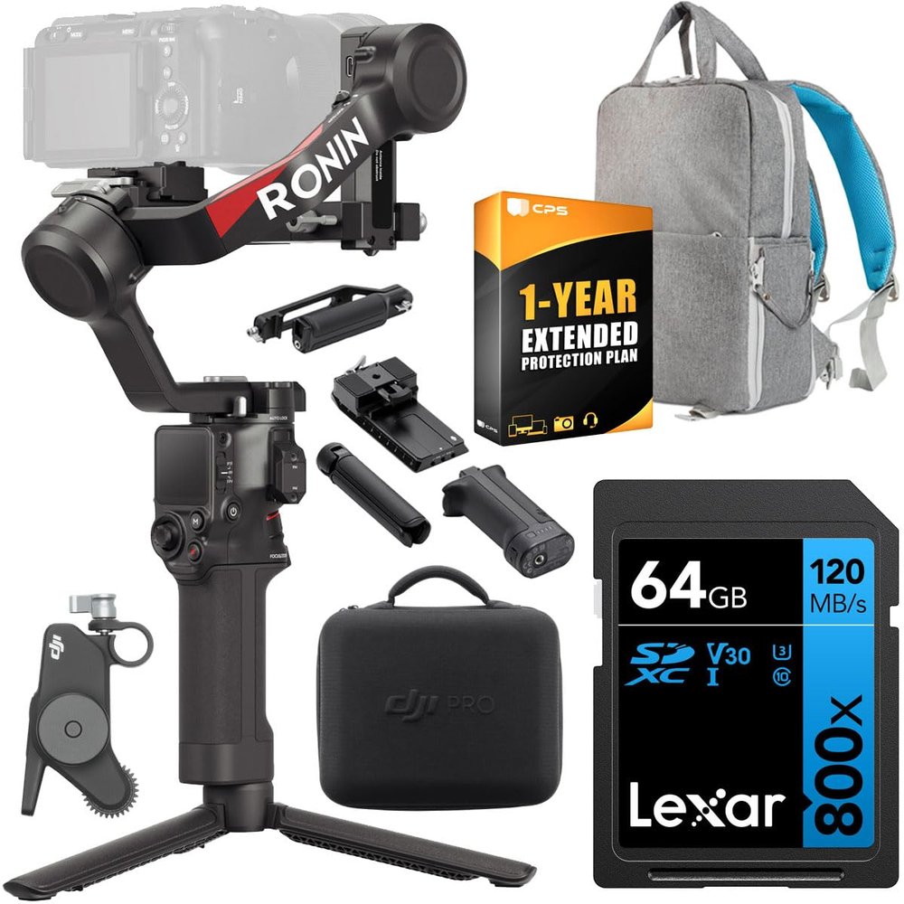 DJI RS 4 Combo, 3-Axis Gimbal Stabilizer for DSLR and Mirrorless Cameras Canon/Sony/Panasonic/Nikon/Fujifilm Bundle with 64GB Memory Card, Deco Gear Backpack and 1 YR CPS Enhanced Protection Pack