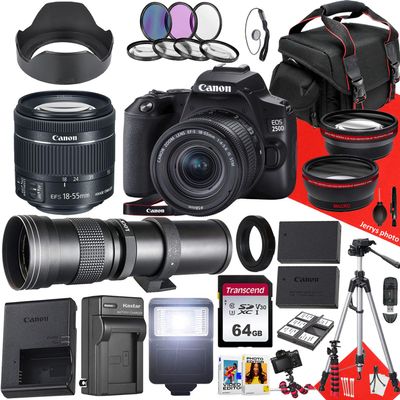 Canon EOS 250D / Rebel SL3 DSLR Camera with EF-S 18-55mm f/4-5.6 is STM and 420-800mm f/8.3 HD Telephoto Zoom Lens + 64 GB Memory + Filters + Tripod + More (36pc Bundle) (Renewed), Black