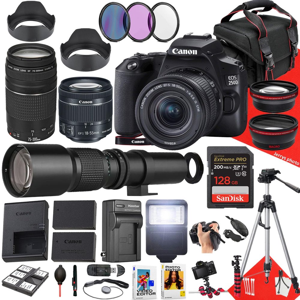 Canon EOS 250D / Rebel SL3 DSLR Camera with EF-S 18-55mm f/4-5.6 is STM, EF 75-300mm f/4-5.6 III and 500mm f/8.0 Preset Telephoto Lens + 128 GB Memory + Filters + More (37pc Bundle) (Renewed)