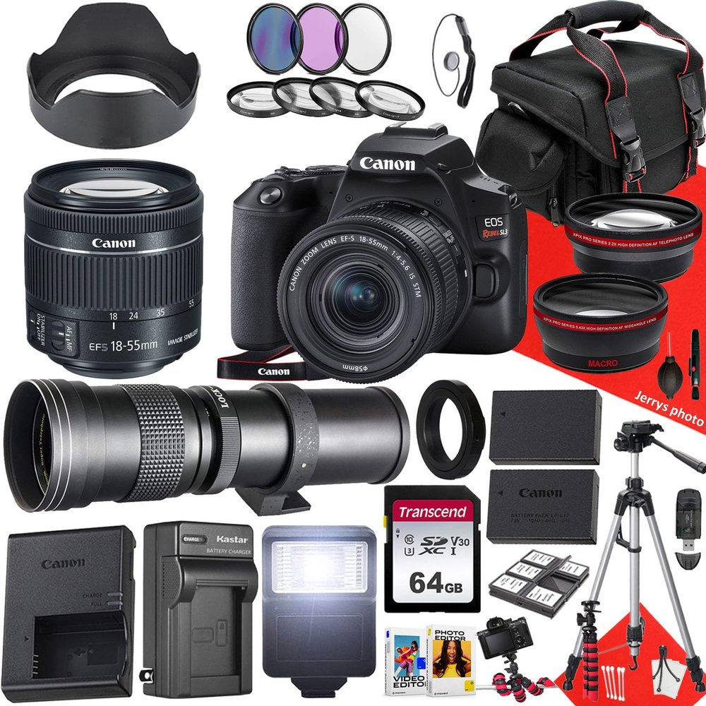 Canon EOS Rebel SL3 DSLR Camera with EF-S 18-55mm f/4-5.6 is STM and 420-800mm f/8.3 HD Telephoto Zoom Lens + 64 GB Memory + Filters + Tripod + More (36pc Bundle) (Renewed)