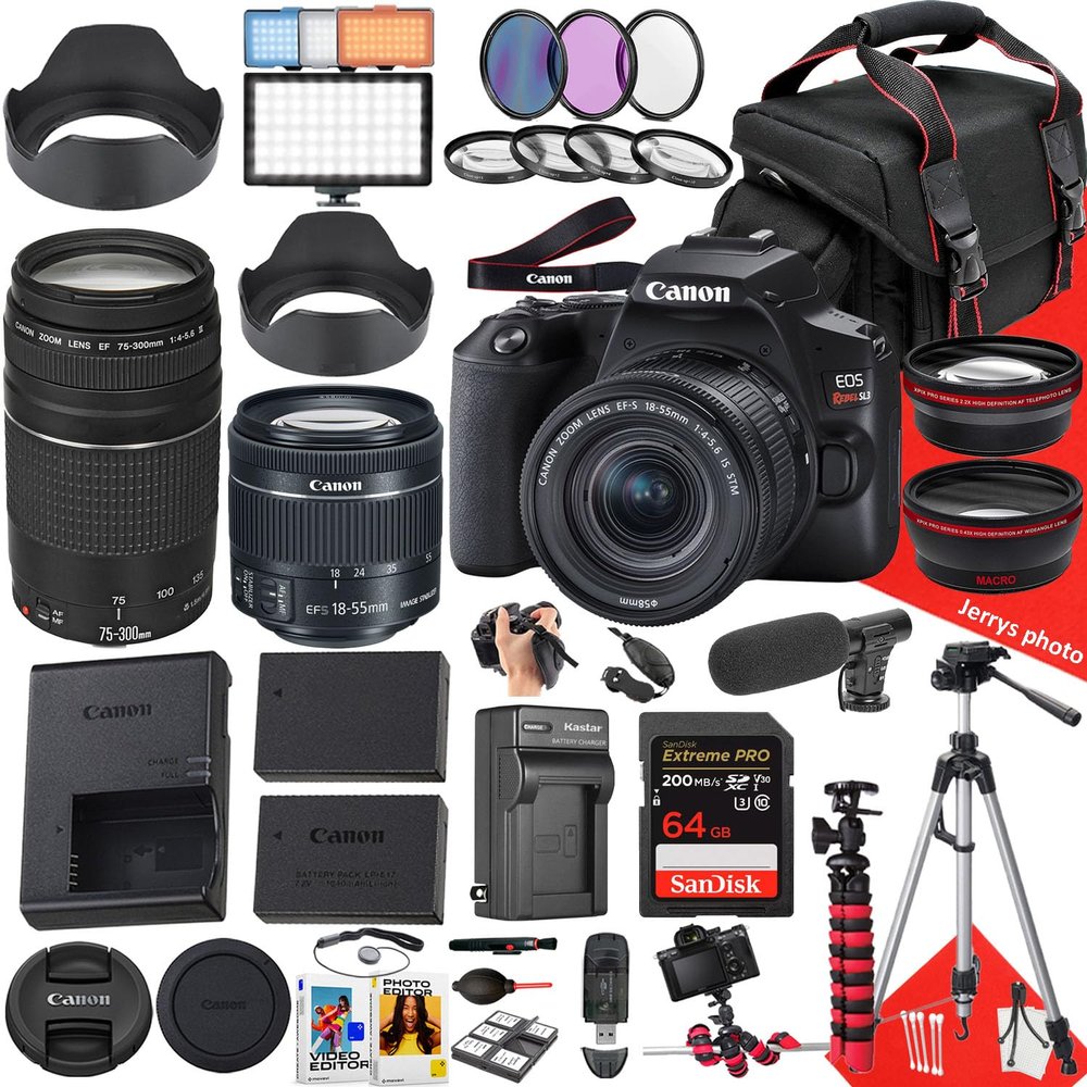 Canon EOS Rebel SL3 DSLR Camera with EF-S 18-55mm f/4-5.6 is STM and EF 75-300mm f/4-5.6 III Lens + 64 GB Memory + Microphone + LED Light + More (40pc Bundle) (Renewed)