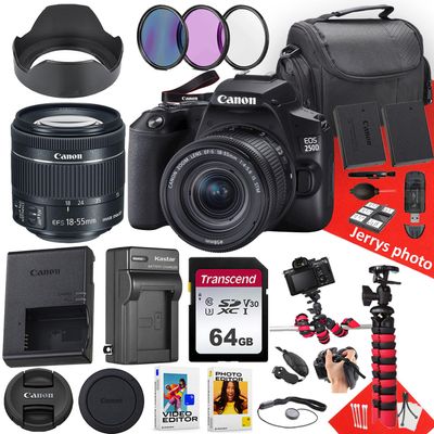 Canon EOS 250D / Rebel SL3 DSLR Camera with EF-S 18-55mm f/4-5.6 is STM Lens + 64 GB Memory + Hood + Extra Battery + Battery Charger + Filters + More (27pc Bundle) (Renewed)