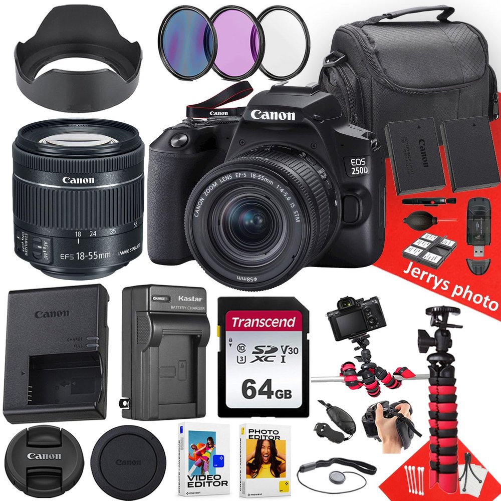 Canon EOS 250D / Rebel SL3 DSLR Camera with EF-S 18-55mm f/4-5.6 is STM Lens + 64 GB Memory + Hood + Extra Battery + Battery Charger + Filters + More (27pc Bundle) (Renewed)